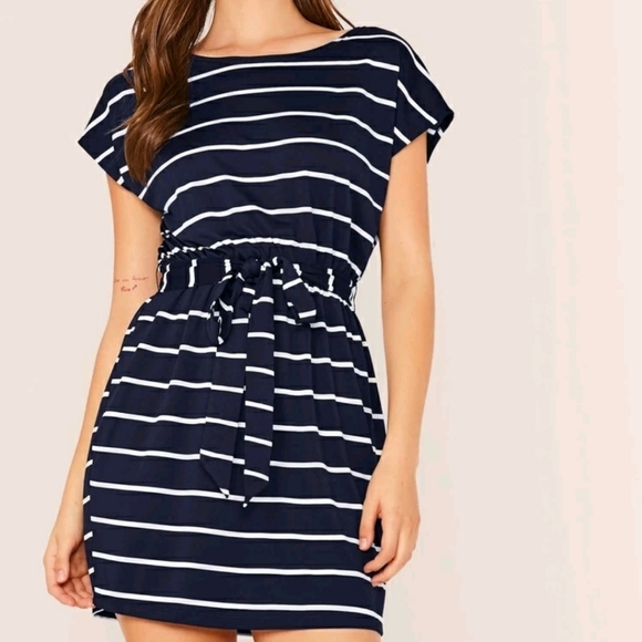 SHEIN Dresses Nwot Shein Navy Blue Stripes Dress Small Poshmark